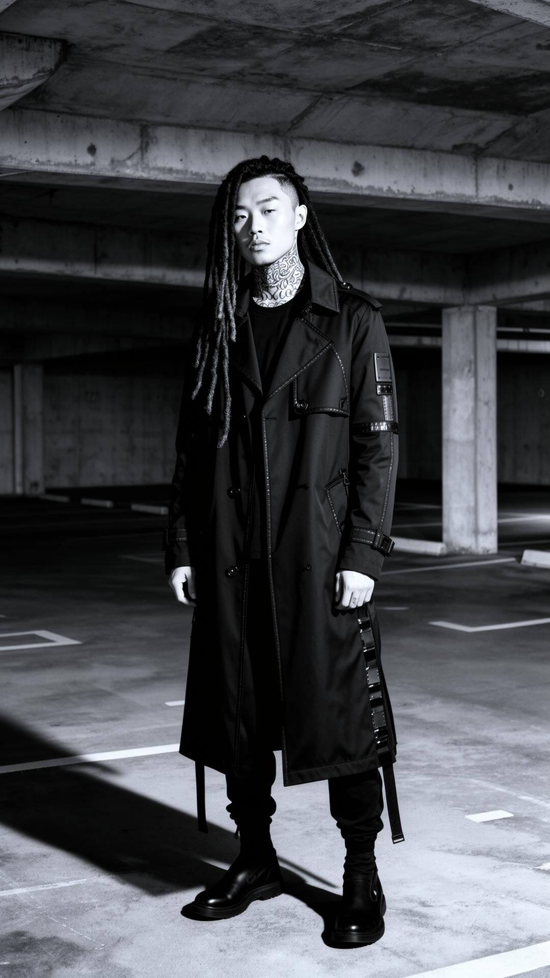 HEYEAH Void Parka — technical trench coat in concrete parking garage