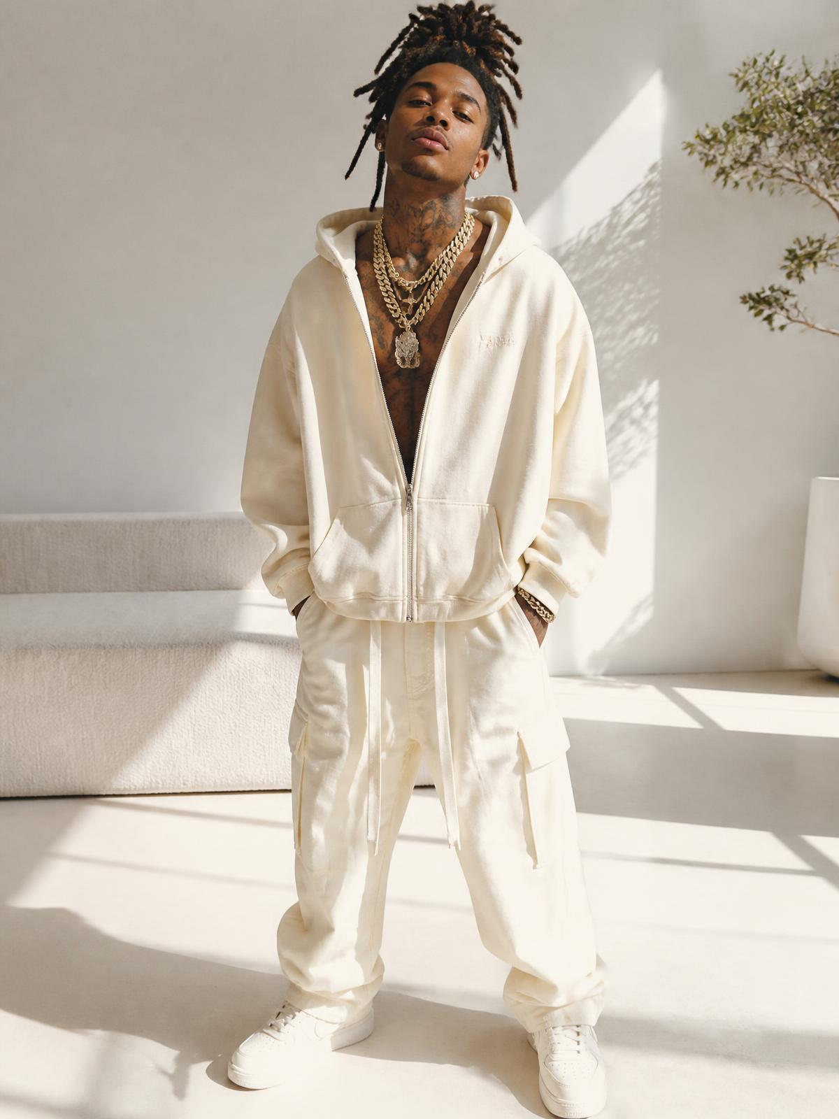HEYEAH Cream Hoodie — oversized zip hoodie with layered gold chains in bright studio